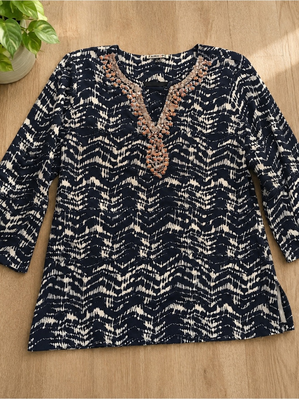 Navy & White Beaded V-Neck Blouse